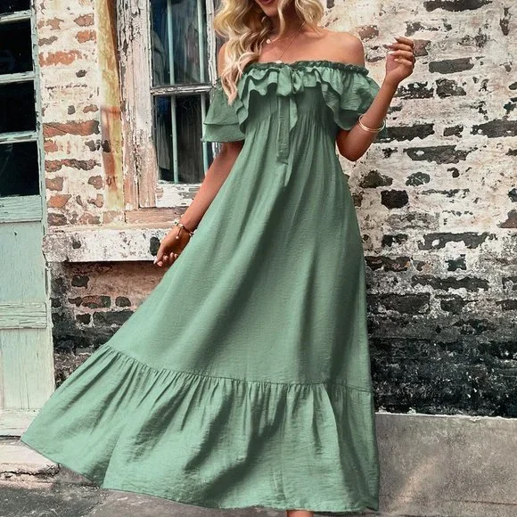 Green Boho Womens Off Shoulder Ruffle Trim Tie Front Ruffle Hem Dress - Picture 3 of 5